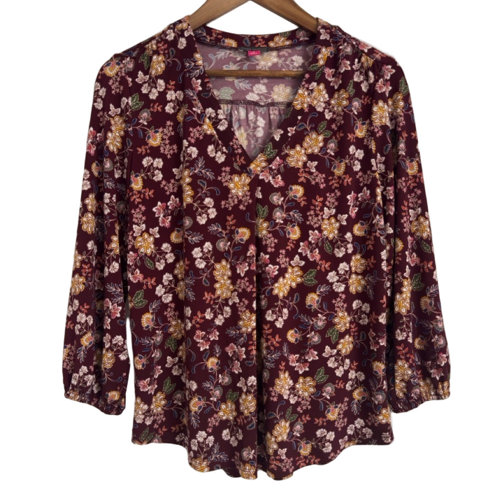 Vince Camuto Burgundy 3/4 Sleeve V-neck Floral Pattern Blouse Women’s Small